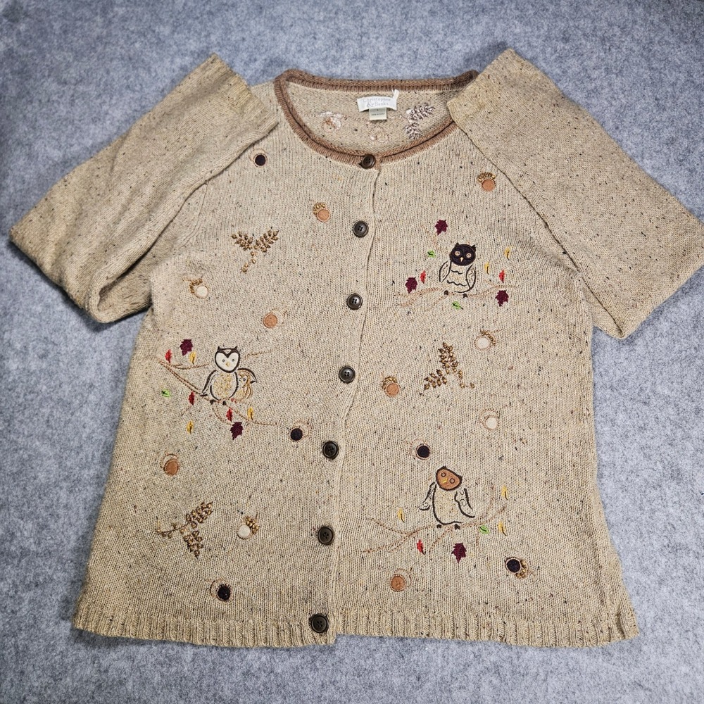 Womens Owl Acorn Fall Knit Cardigan Ground Earthy Autumn Cottagecore Sz L READ